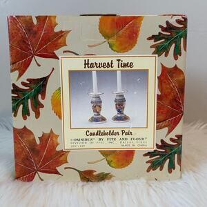 VTG 1995 Omnibus By Fitz & Floyd Harvest Time Leaf & Fruit Candleholder Pair